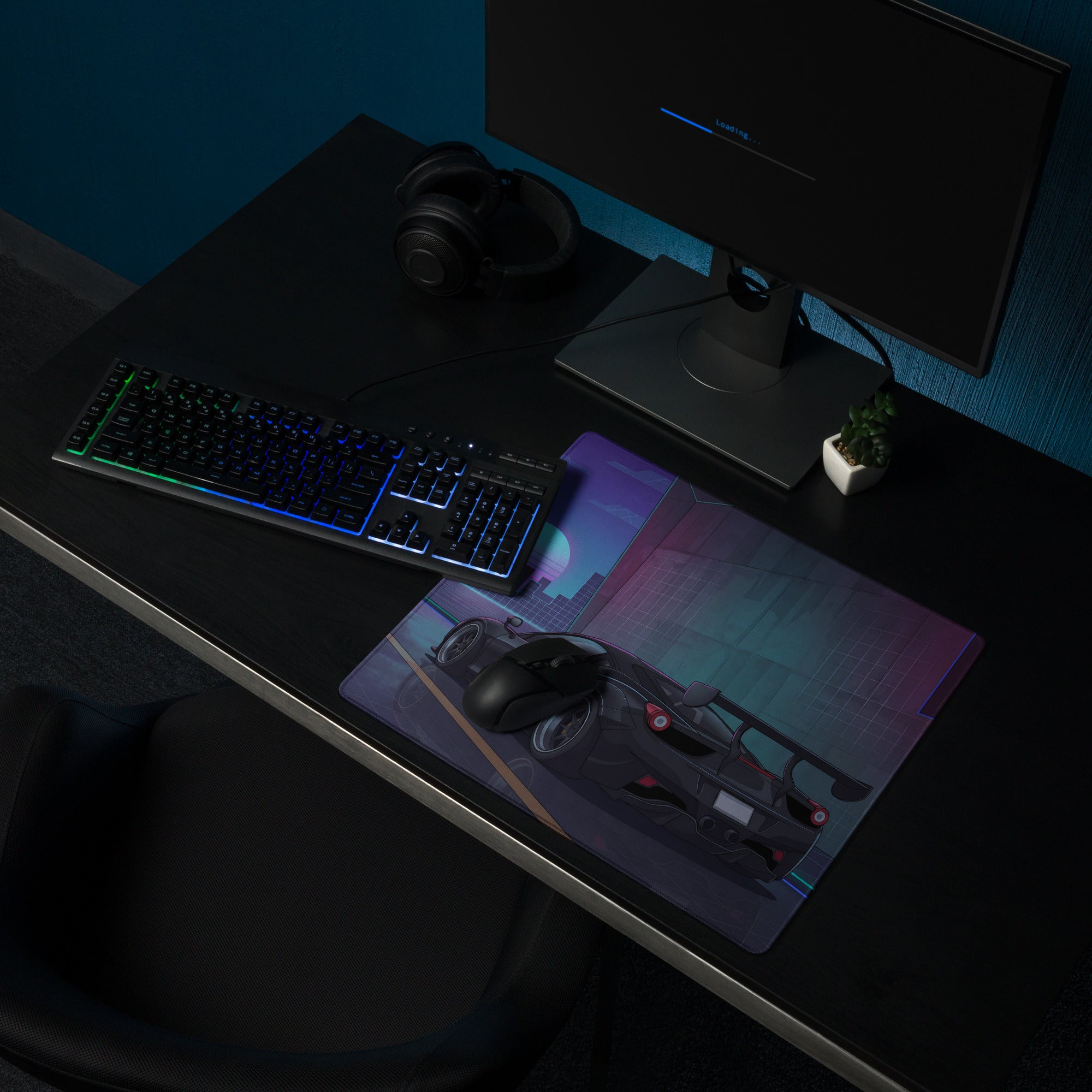 Ferrari 458 Italia Inspired Widebody Black Purple Vaporwave Gaming Mouse Pad – Neon Retro City Desk Mat, Widebody Supercar Digital Art with Sunset Grid