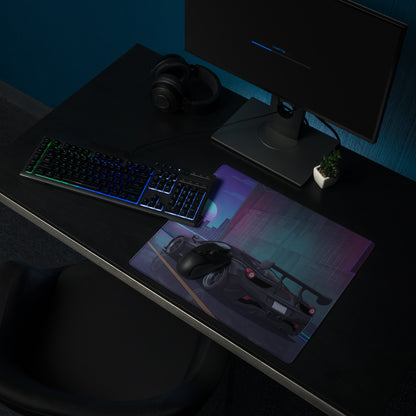 Ferrari 458 Italia Inspired Widebody Black Purple Vaporwave Gaming Mouse Pad – Neon Retro City Desk Mat, Widebody Supercar Digital Art with Sunset Grid