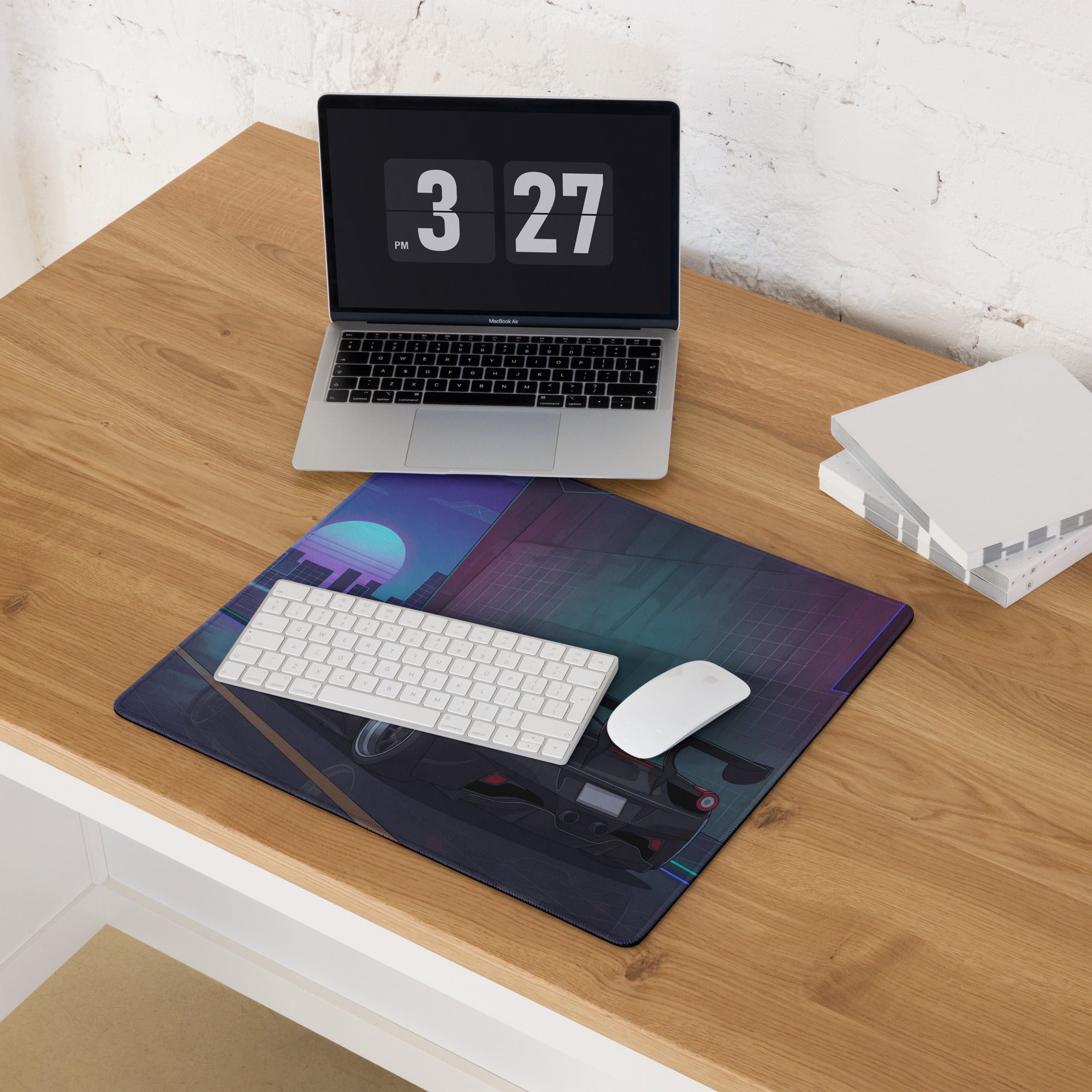 Ferrari 458 Italia Inspired Widebody Black Purple Vaporwave Gaming Mouse Pad – Neon Retro City Desk Mat, Widebody Supercar Digital Art with Sunset Grid