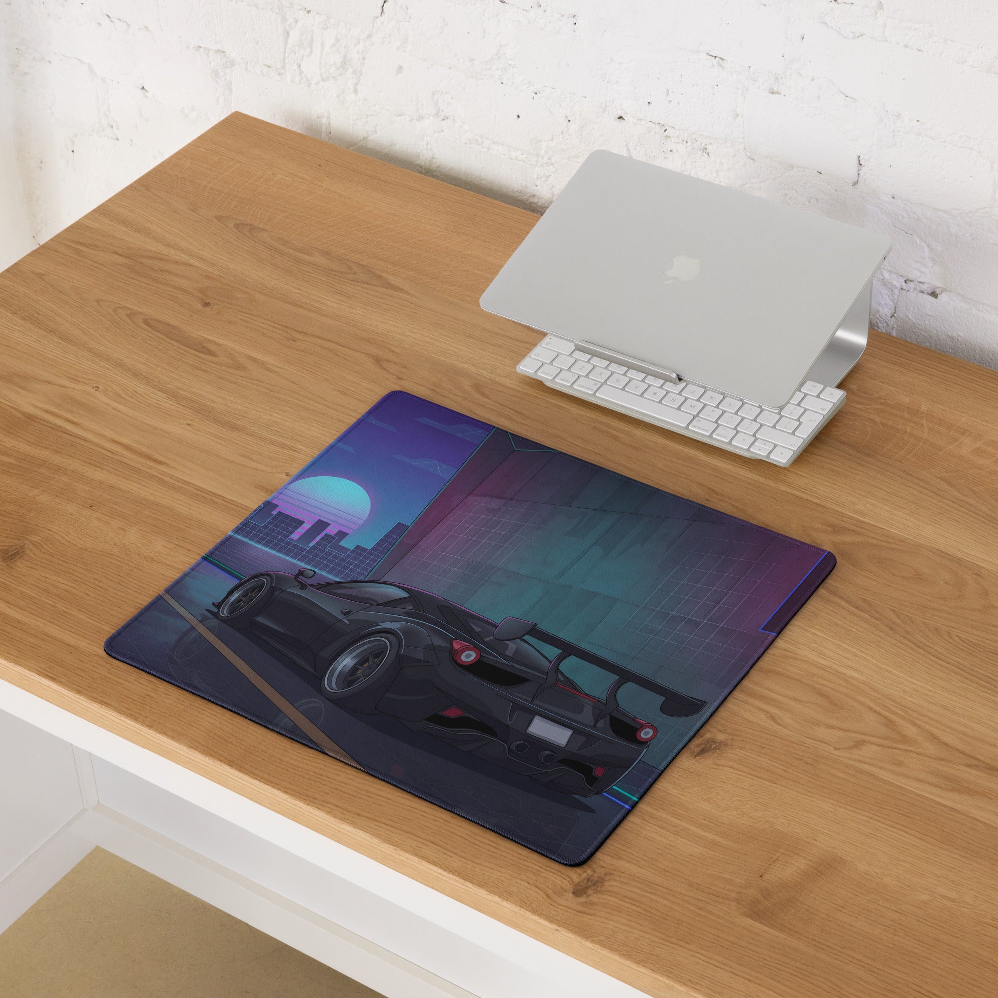 Ferrari 458 Italia Inspired Widebody Black Purple Vaporwave Gaming Mouse Pad – Neon Retro City Desk Mat, Widebody Supercar Digital Art with Sunset Grid