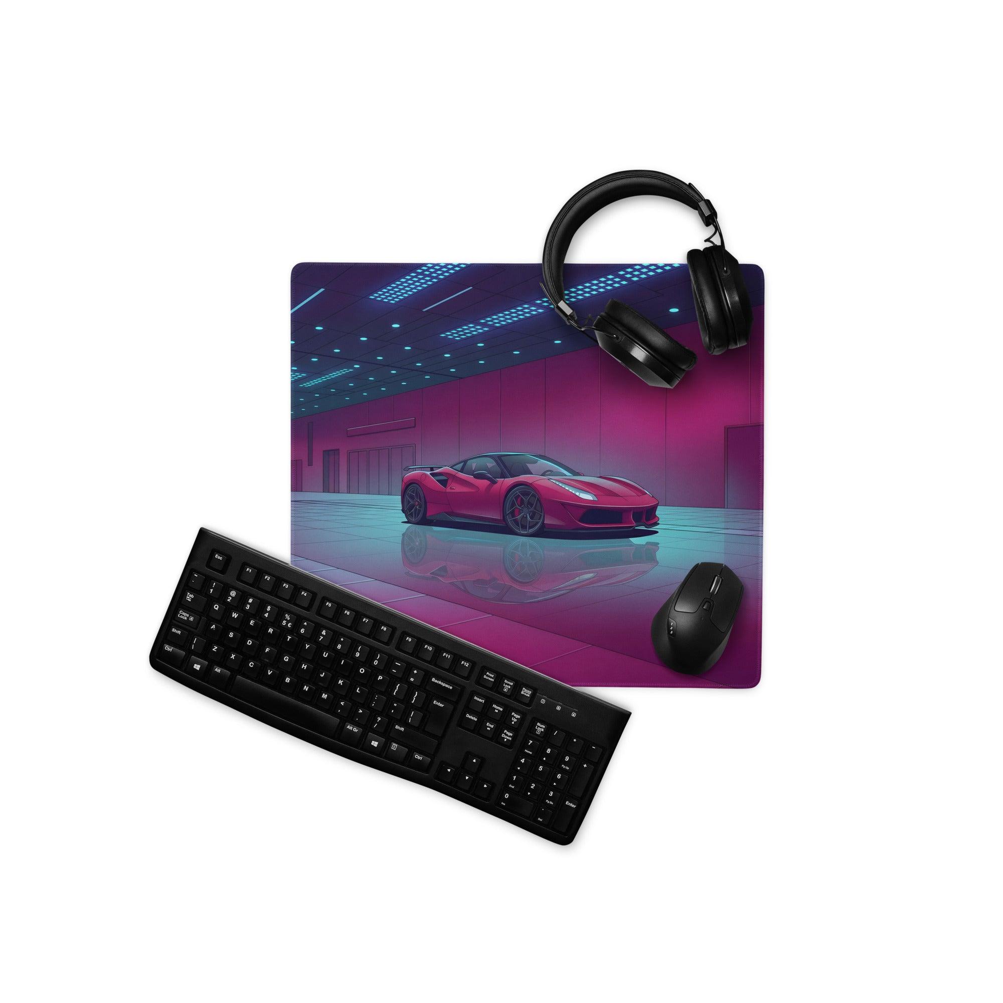 Ferrari 488 GTB Inspired Red Pink Vaporwave Gaming Mouse Pad – Neon Luxury Showroom Desk Mat, Retro Futuristic Supercar Digital Art