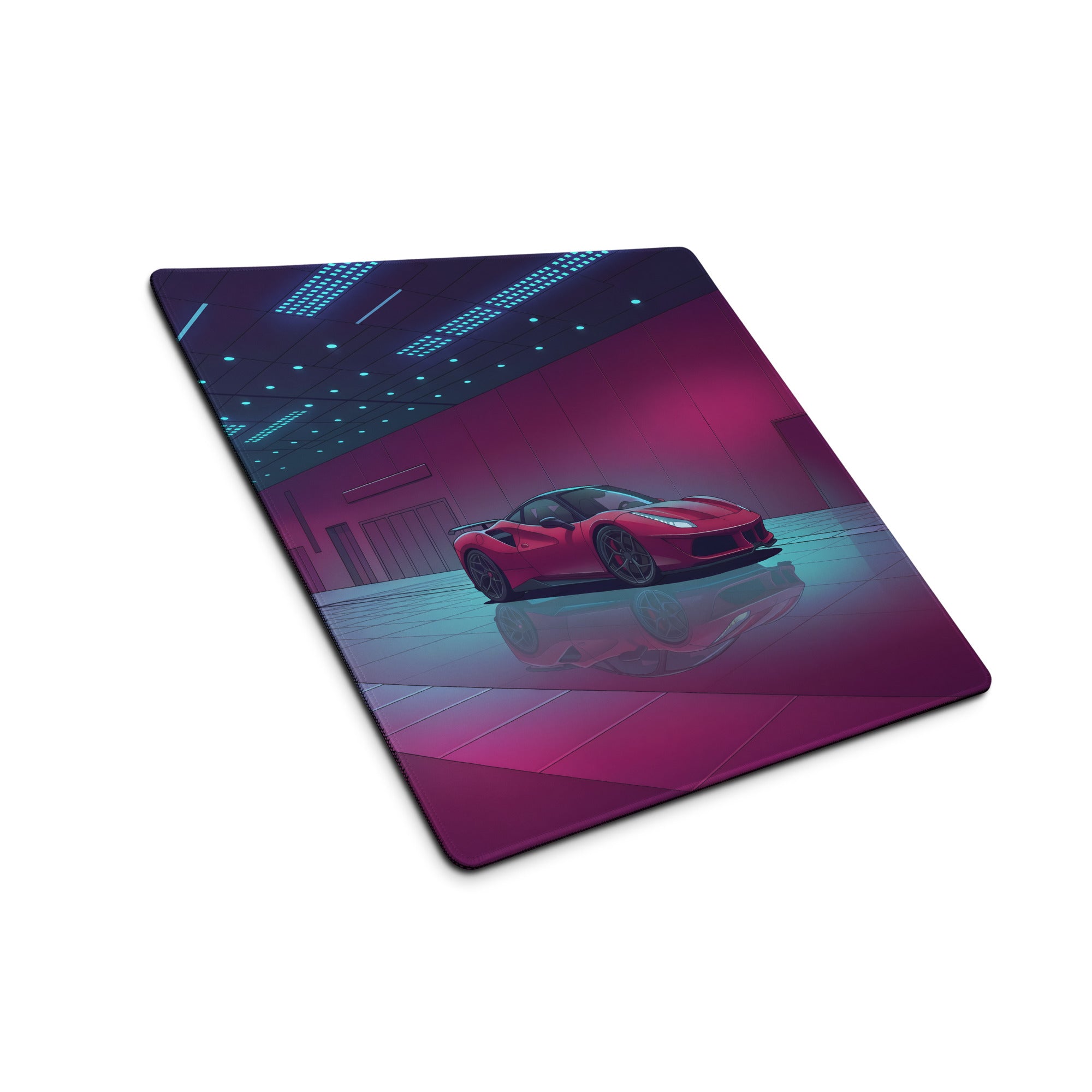 Ferrari 488 GTB Inspired Red Pink Vaporwave Gaming Mouse Pad – Neon Luxury Showroom Desk Mat, Retro Futuristic Supercar Digital Art