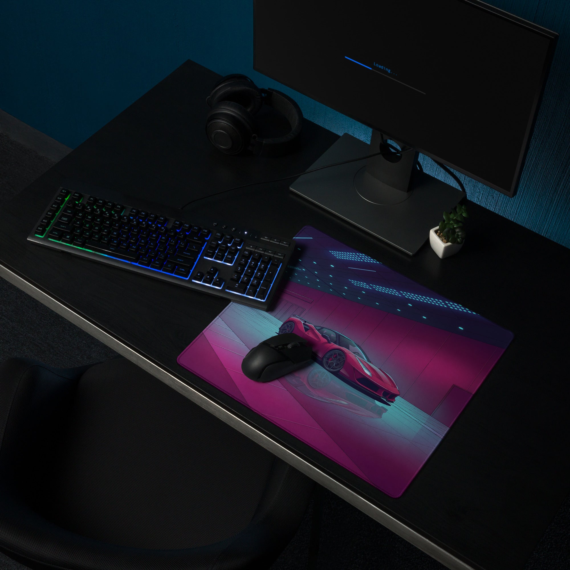 Ferrari 488 GTB Inspired Red Pink Vaporwave Gaming Mouse Pad – Neon Luxury Showroom Desk Mat, Retro Futuristic Supercar Digital Art
