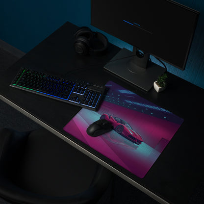 Ferrari 488 GTB Inspired Red Pink Vaporwave Gaming Mouse Pad – Neon Luxury Showroom Desk Mat, Retro Futuristic Supercar Digital Art