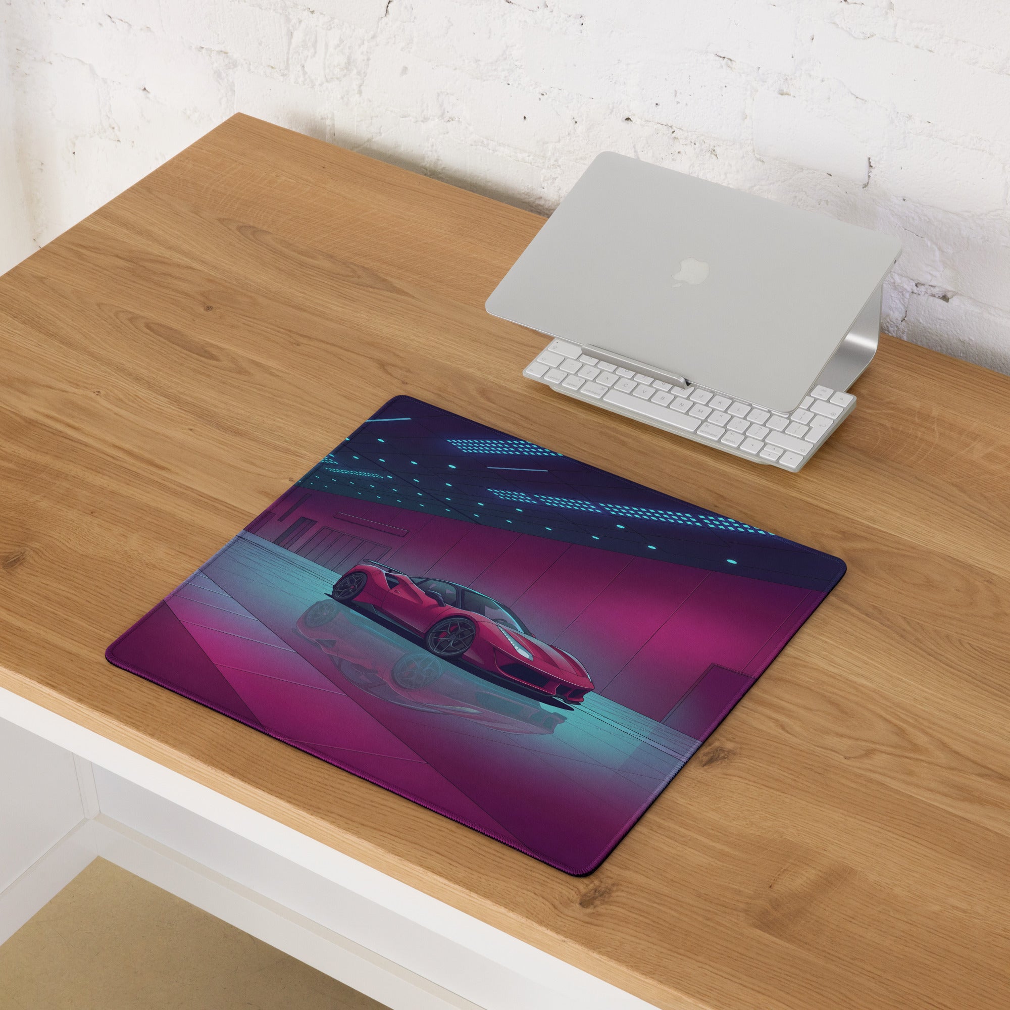 Ferrari 488 GTB Inspired Red Pink Vaporwave Gaming Mouse Pad – Neon Luxury Showroom Desk Mat, Retro Futuristic Supercar Digital Art