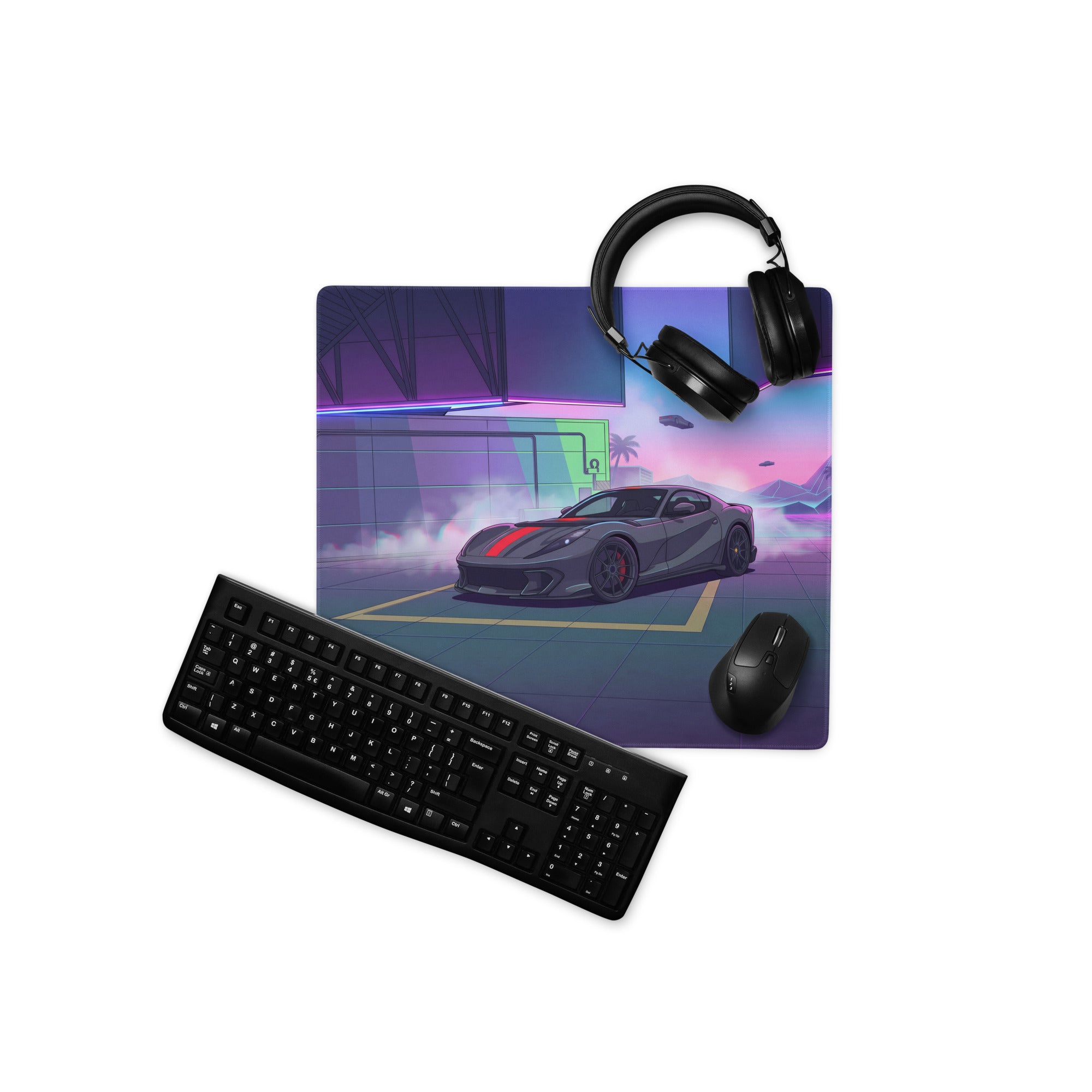 Ferrari 812 Competizione Inspired Gray Red Vaporwave Gaming Mouse Pad – Neon Futuristic Garage Desk Mat, Retro Supercar Digital Art