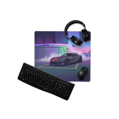 Ferrari 812 Competizione Inspired Gray Red Vaporwave Gaming Mouse Pad – Neon Futuristic Garage Desk Mat, Retro Supercar Digital Art