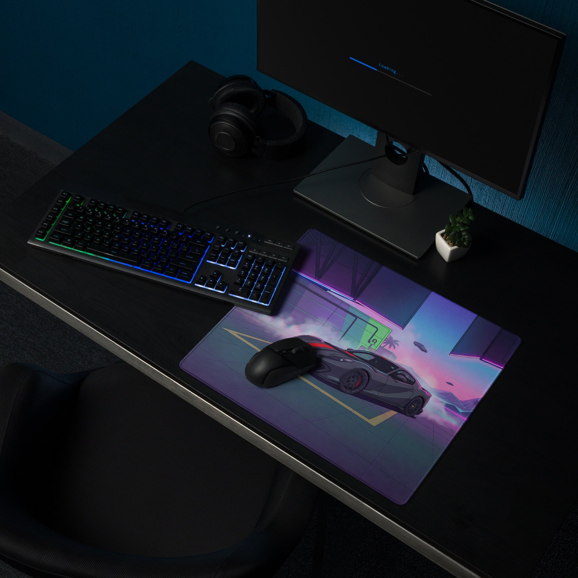 Ferrari 812 Competizione Inspired Gray Red Vaporwave Gaming Mouse Pad – Neon Futuristic Garage Desk Mat, Retro Supercar Digital Art