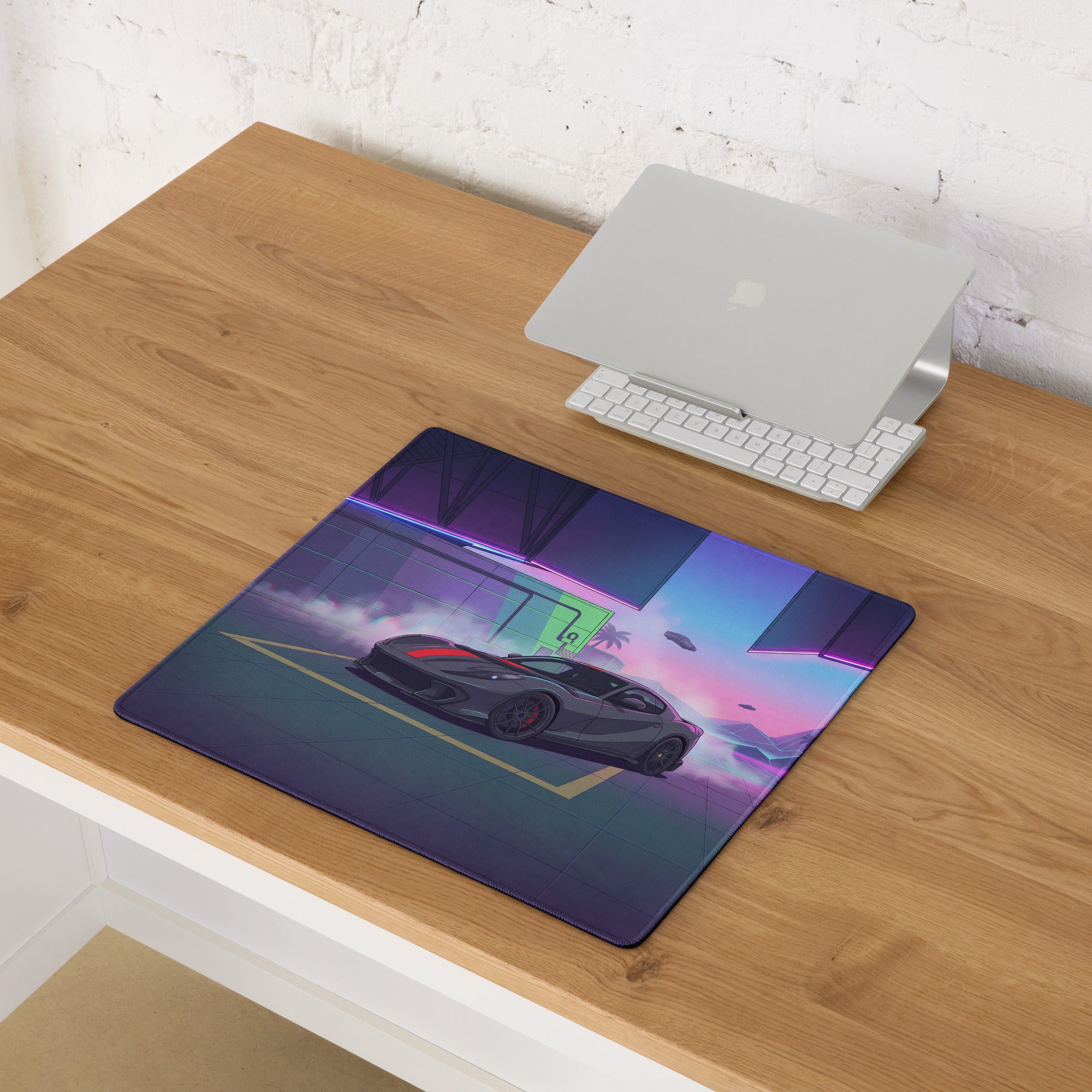 Ferrari 812 Competizione Inspired Gray Red Vaporwave Gaming Mouse Pad – Neon Futuristic Garage Desk Mat, Retro Supercar Digital Art