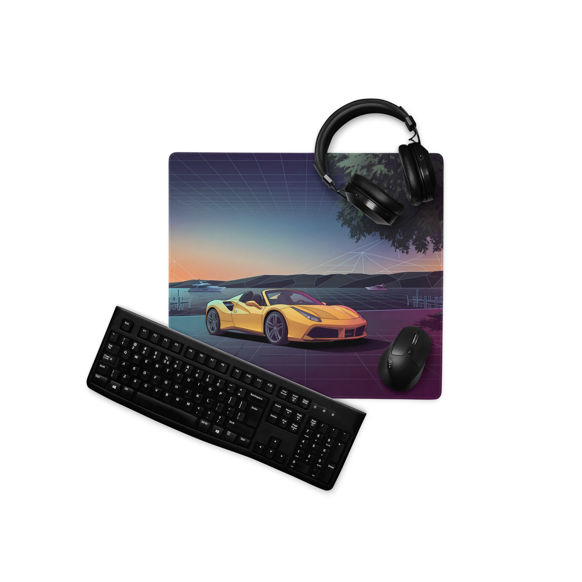 Ferrari 488 Spider Inspired Yellow Purple Vaporwave Gaming Mouse Pad – Neon Lakeside Sunset Desk Mat, Retro Futuristic Supercar Digital Art