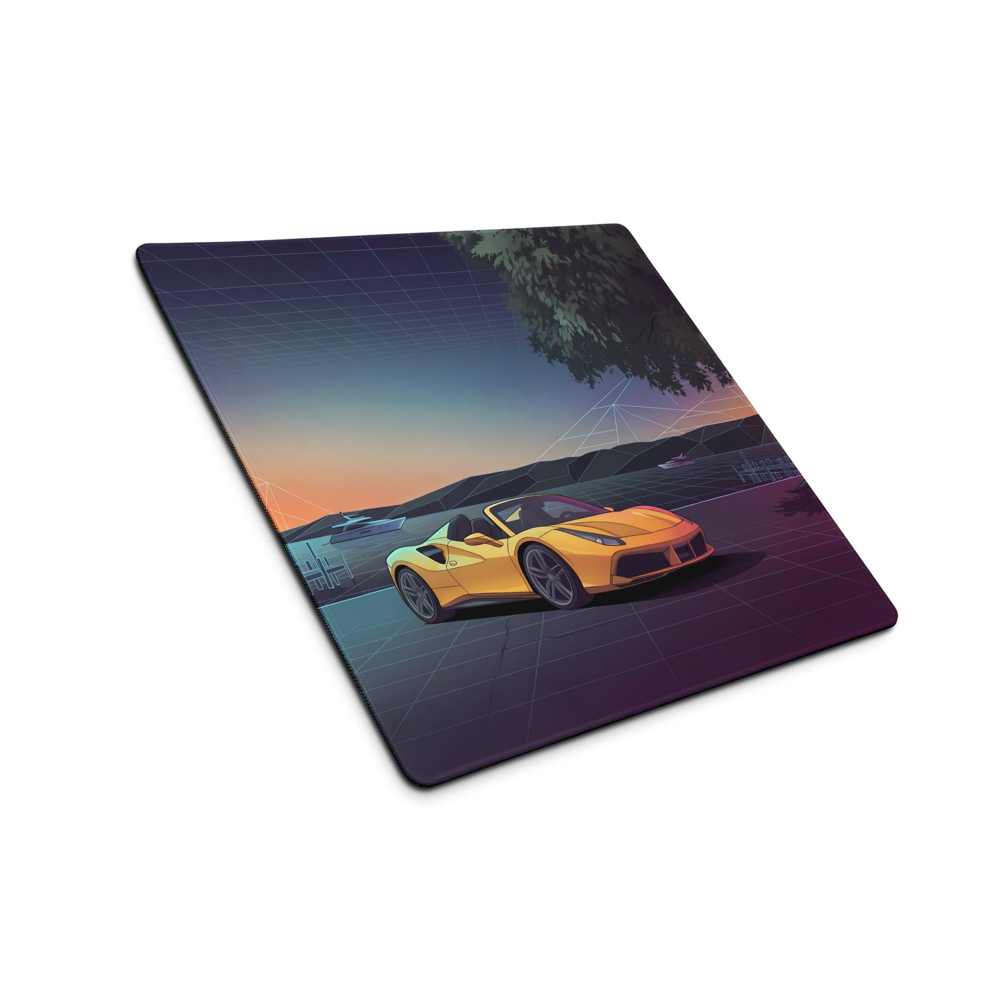 Ferrari 488 Spider Inspired Yellow Purple Vaporwave Gaming Mouse Pad – Neon Lakeside Sunset Desk Mat, Retro Futuristic Supercar Digital Art