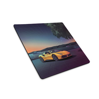 Ferrari 488 Spider Inspired Yellow Purple Vaporwave Gaming Mouse Pad – Neon Lakeside Sunset Desk Mat, Retro Futuristic Supercar Digital Art