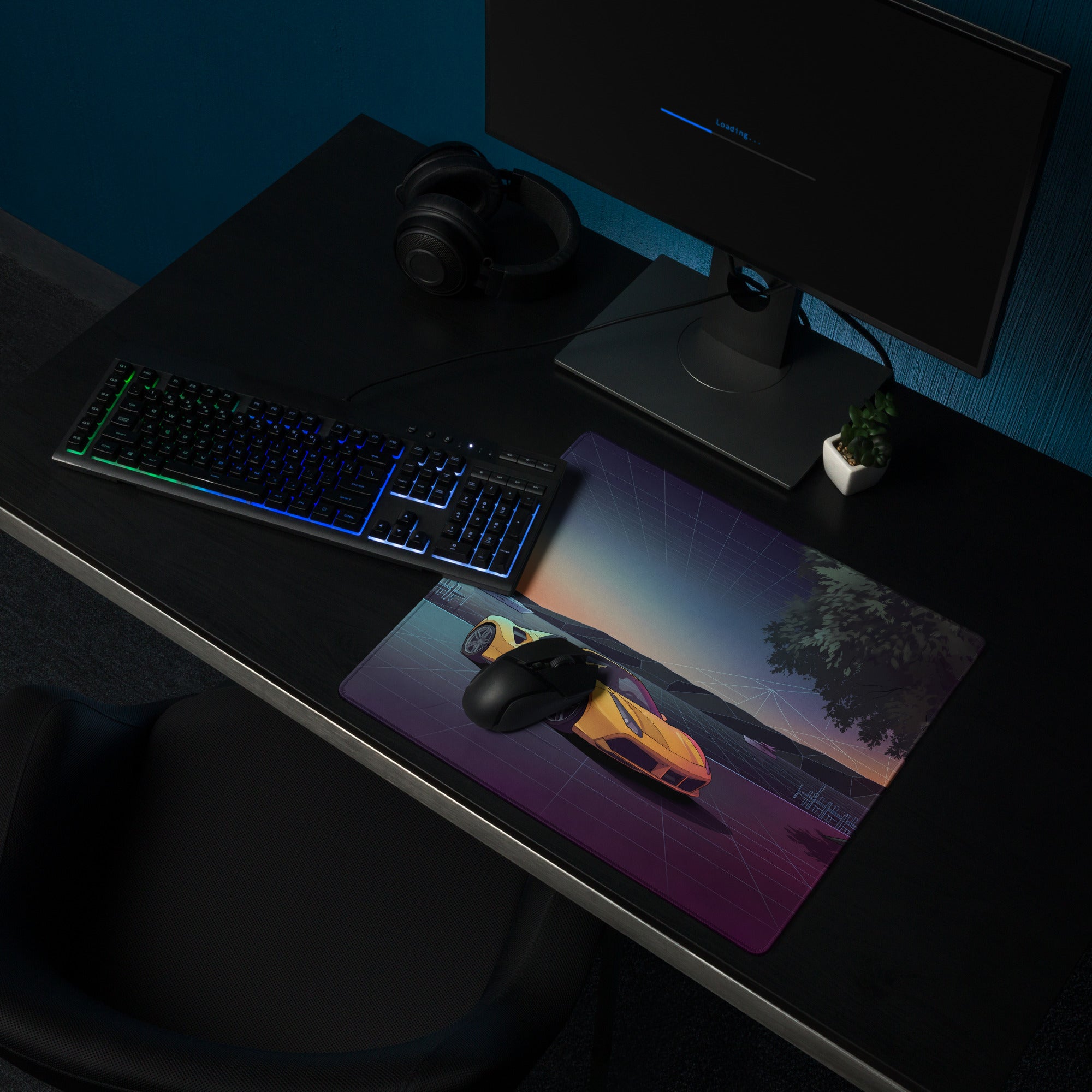 Ferrari 488 Spider Inspired Yellow Purple Vaporwave Gaming Mouse Pad – Neon Lakeside Sunset Desk Mat, Retro Futuristic Supercar Digital Art