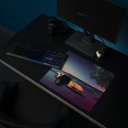 Ferrari 488 Spider Inspired Yellow Purple Vaporwave Gaming Mouse Pad – Neon Lakeside Sunset Desk Mat, Retro Futuristic Supercar Digital Art