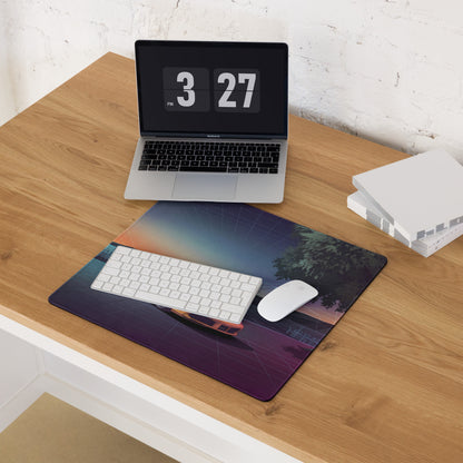 Ferrari 488 Spider Inspired Yellow Purple Vaporwave Gaming Mouse Pad – Neon Lakeside Sunset Desk Mat, Retro Futuristic Supercar Digital Art