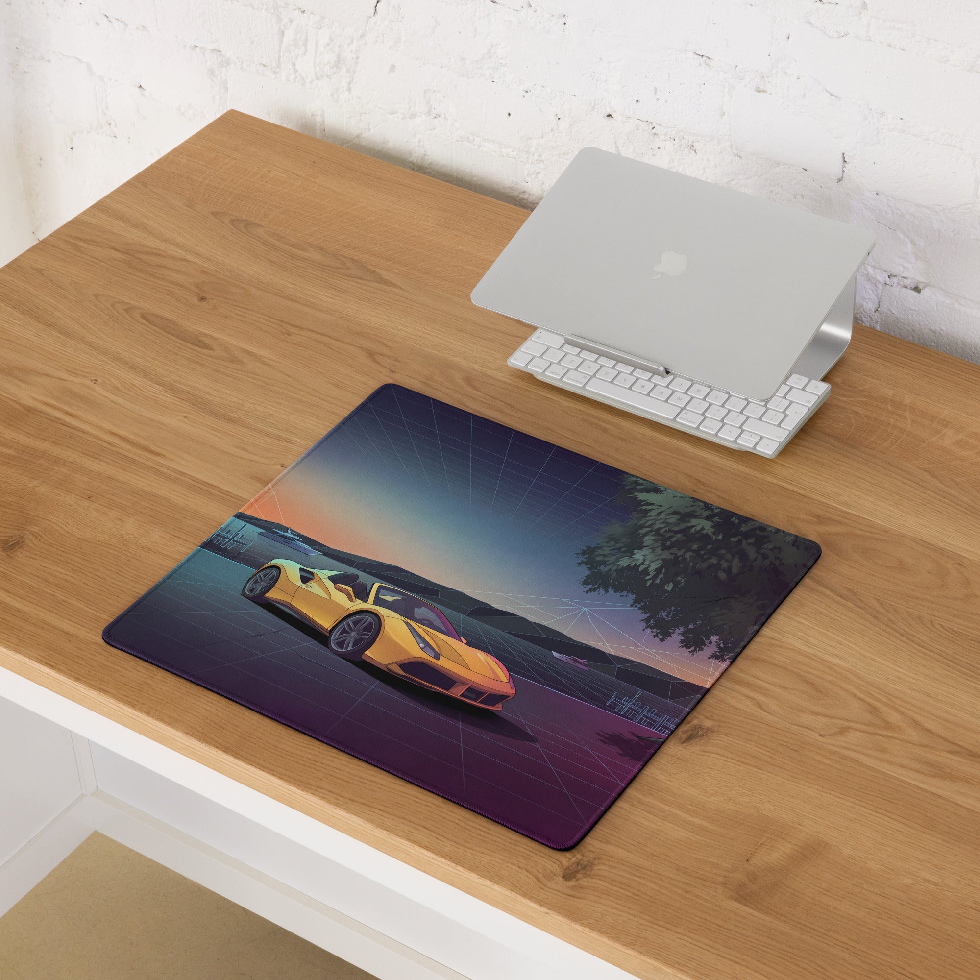 Ferrari 488 Spider Inspired Yellow Purple Vaporwave Gaming Mouse Pad – Neon Lakeside Sunset Desk Mat, Retro Futuristic Supercar Digital Art