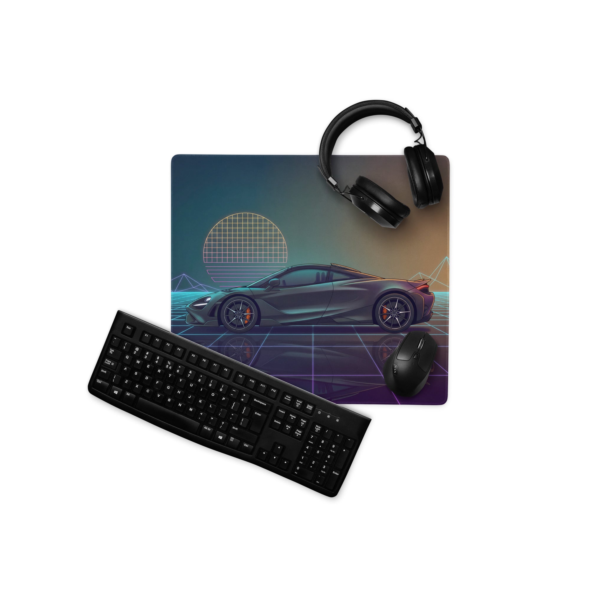 McLaren 720S Inspired Gray Teal Vaporwave Gaming Mouse Pad – Neon Retro Grid Desk Mat, Futuristic Supercar Digital Art with Sunset Reflection