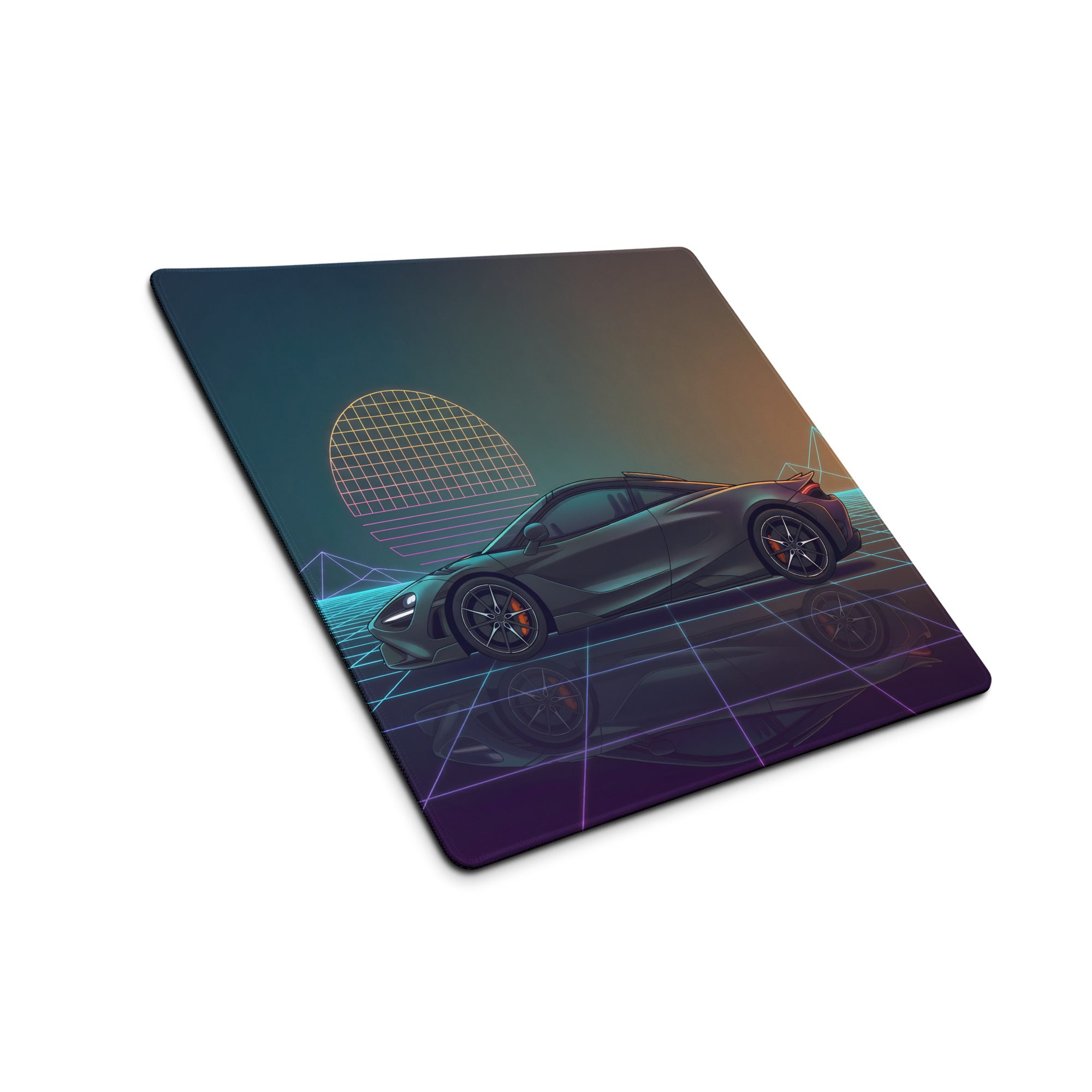 McLaren 720S Inspired Gray Teal Vaporwave Gaming Mouse Pad – Neon Retro Grid Desk Mat, Futuristic Supercar Digital Art with Sunset Reflection
