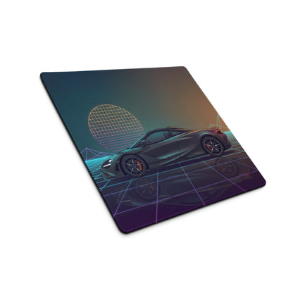 McLaren 720S Inspired Gray Teal Vaporwave Gaming Mouse Pad – Neon Retro Grid Desk Mat, Futuristic Supercar Digital Art with Sunset Reflection