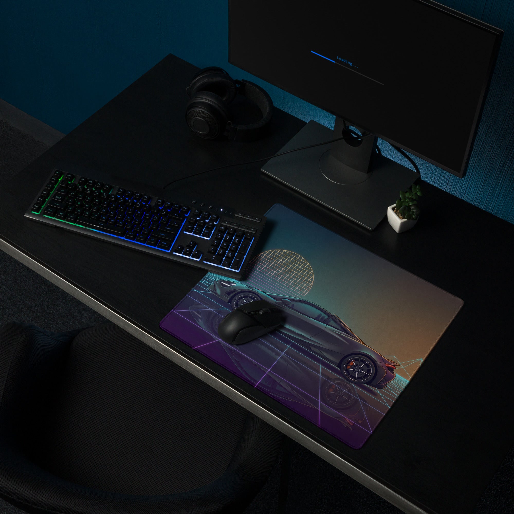 McLaren 720S Inspired Gray Teal Vaporwave Gaming Mouse Pad – Neon Retro Grid Desk Mat, Futuristic Supercar Digital Art with Sunset Reflection