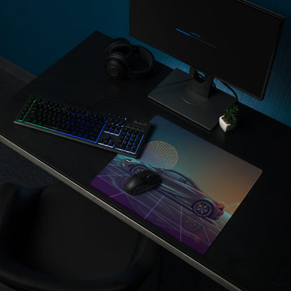 McLaren 720S Inspired Gray Teal Vaporwave Gaming Mouse Pad – Neon Retro Grid Desk Mat, Futuristic Supercar Digital Art with Sunset Reflection