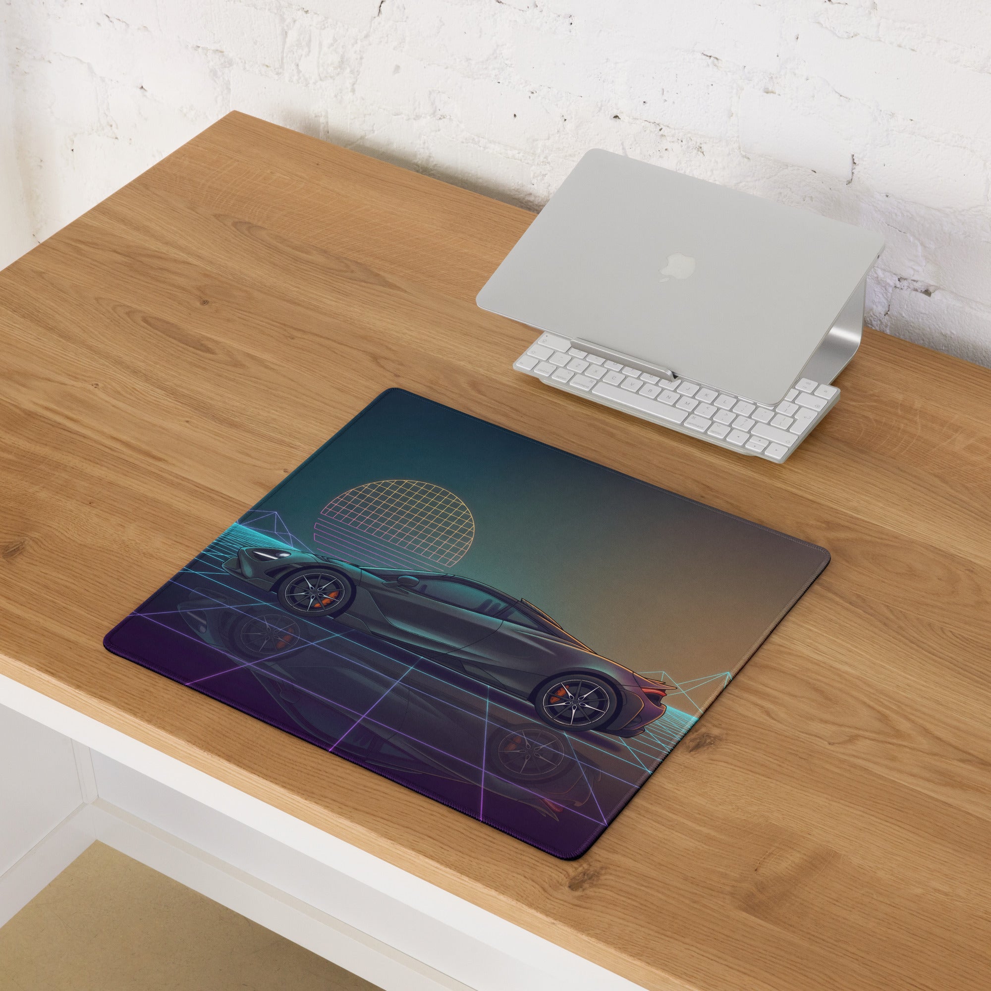 McLaren 720S Inspired Gray Teal Vaporwave Gaming Mouse Pad – Neon Retro Grid Desk Mat, Futuristic Supercar Digital Art with Sunset Reflection