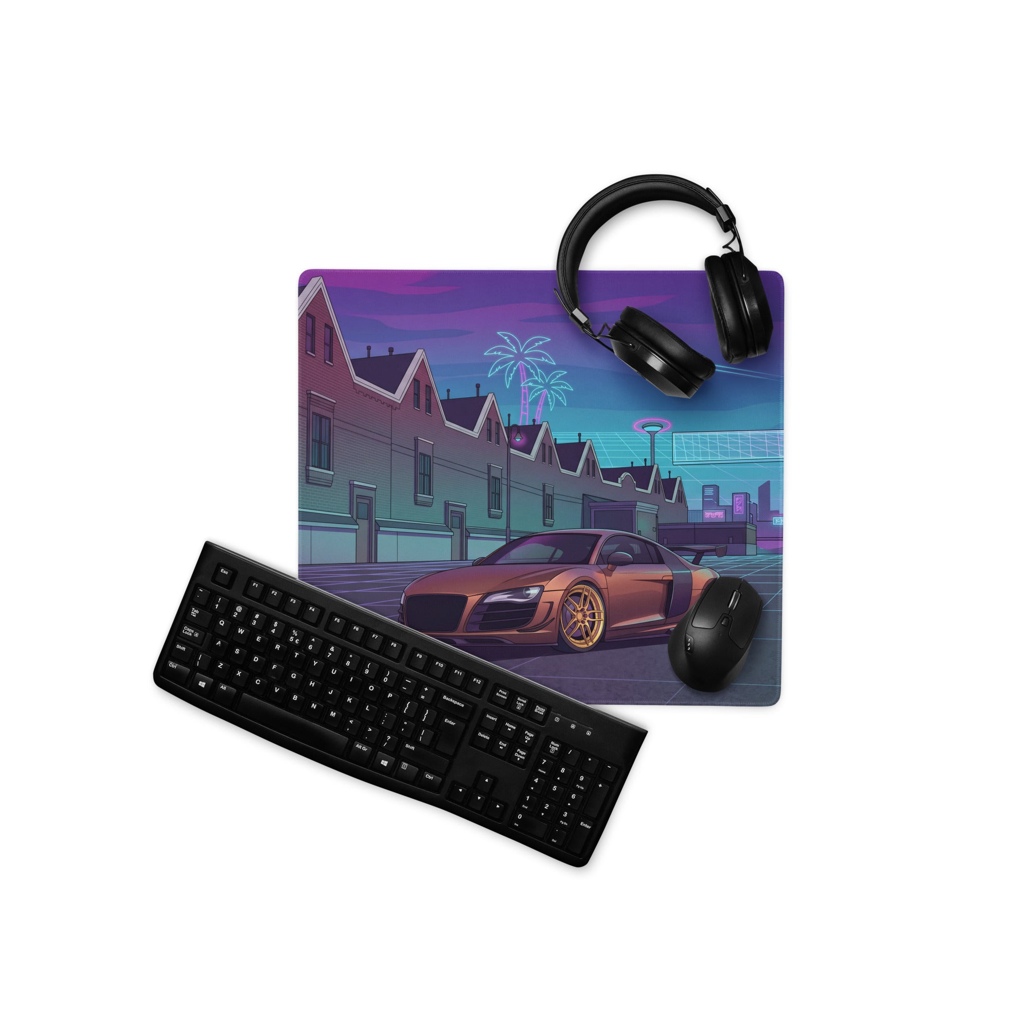 Audi R8 Inspired Bronze Purple Vaporwave Gaming Mouse Pad – Neon Retro Futuristic City Desk Mat, Cyberpunk Supercar Digital Art