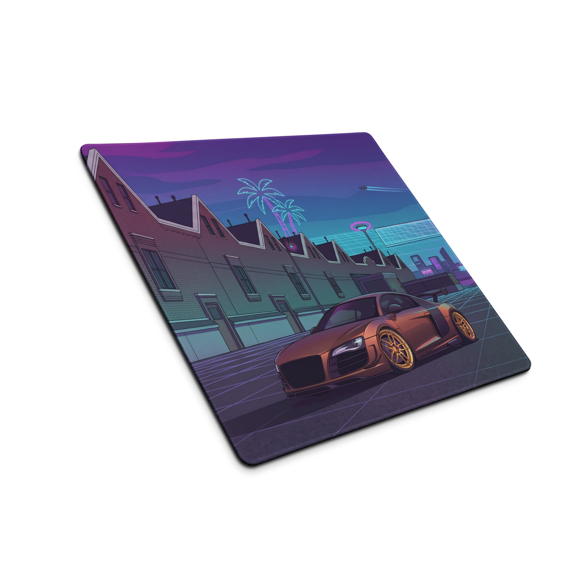 Audi R8 Inspired Bronze Purple Vaporwave Gaming Mouse Pad – Neon Retro Futuristic City Desk Mat, Cyberpunk Supercar Digital Art