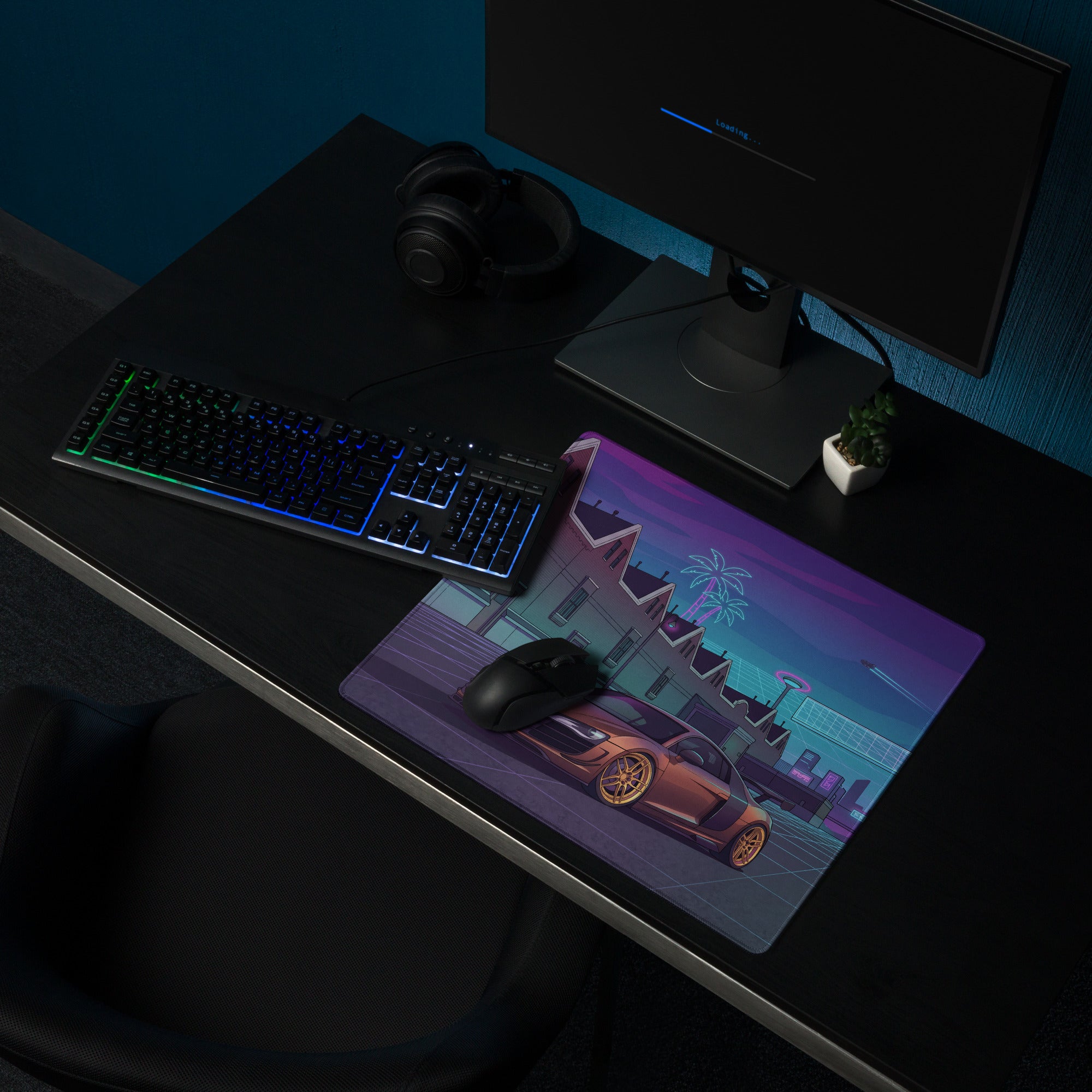Audi R8 Inspired Bronze Purple Vaporwave Gaming Mouse Pad – Neon Retro Futuristic City Desk Mat, Cyberpunk Supercar Digital Art