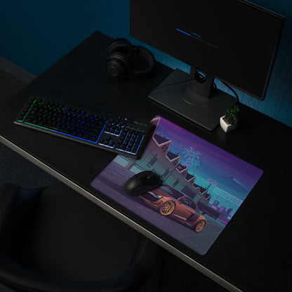 Audi R8 Inspired Bronze Purple Vaporwave Gaming Mouse Pad – Neon Retro Futuristic City Desk Mat, Cyberpunk Supercar Digital Art