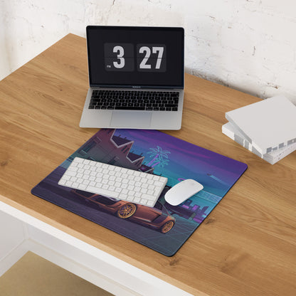 Audi R8 Inspired Bronze Purple Vaporwave Gaming Mouse Pad – Neon Retro Futuristic City Desk Mat, Cyberpunk Supercar Digital Art