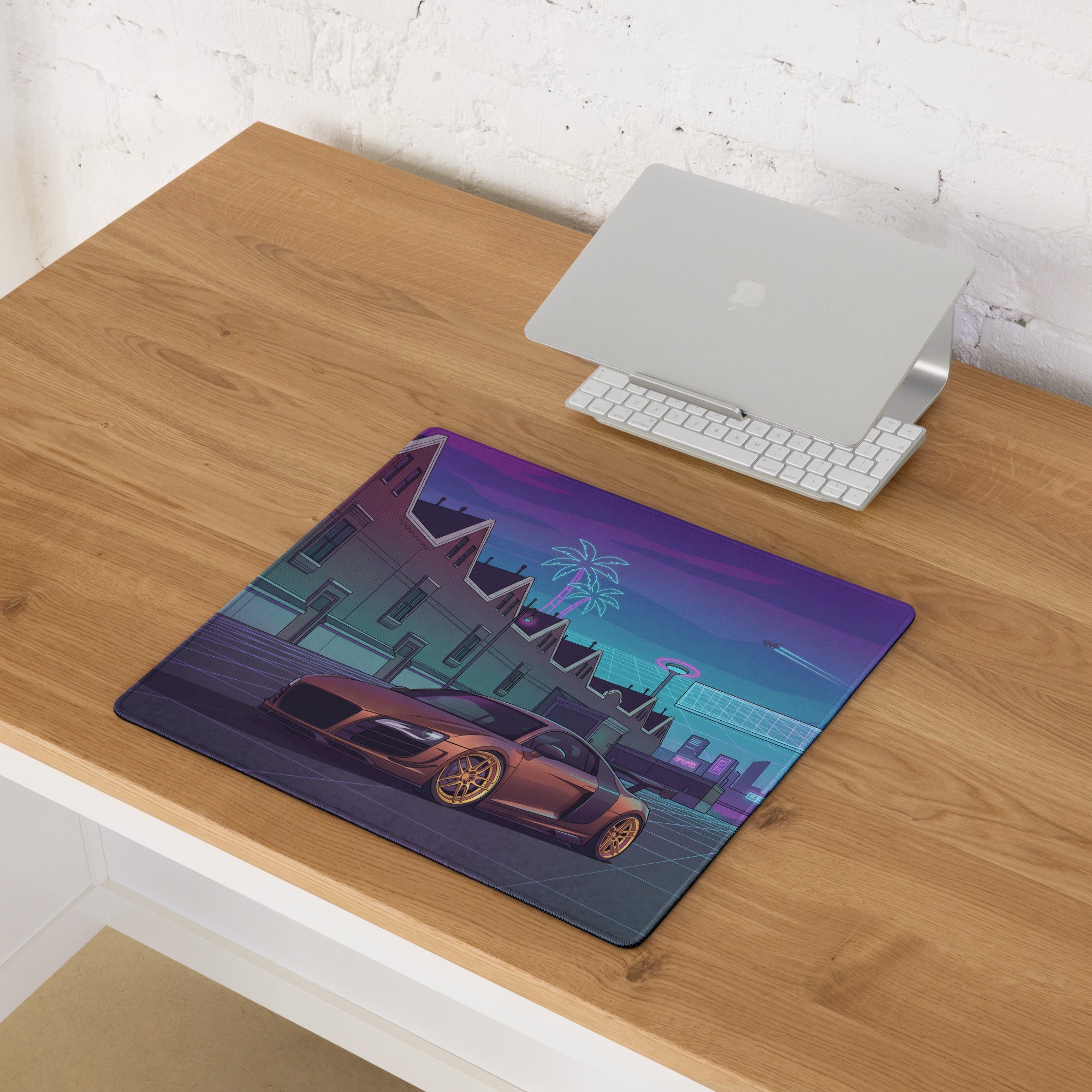 Audi R8 Inspired Bronze Purple Vaporwave Gaming Mouse Pad – Neon Retro Futuristic City Desk Mat, Cyberpunk Supercar Digital Art