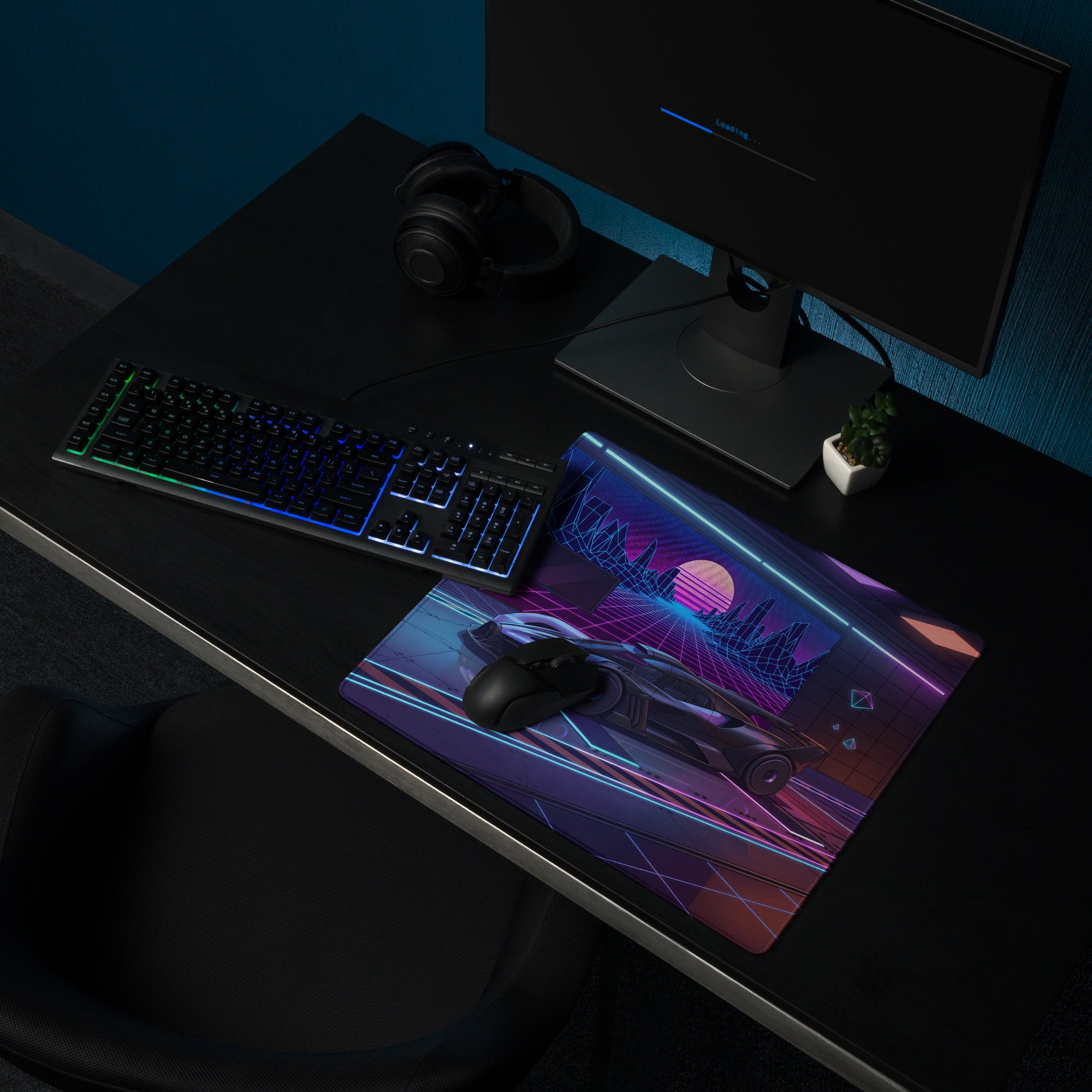 Bugatti Bolide Inspired Black Blue Vaporwave Gaming Mouse Pad – Neon Futuristic Garage Desk Mat, Cyberpunk Hypercar Digital Art