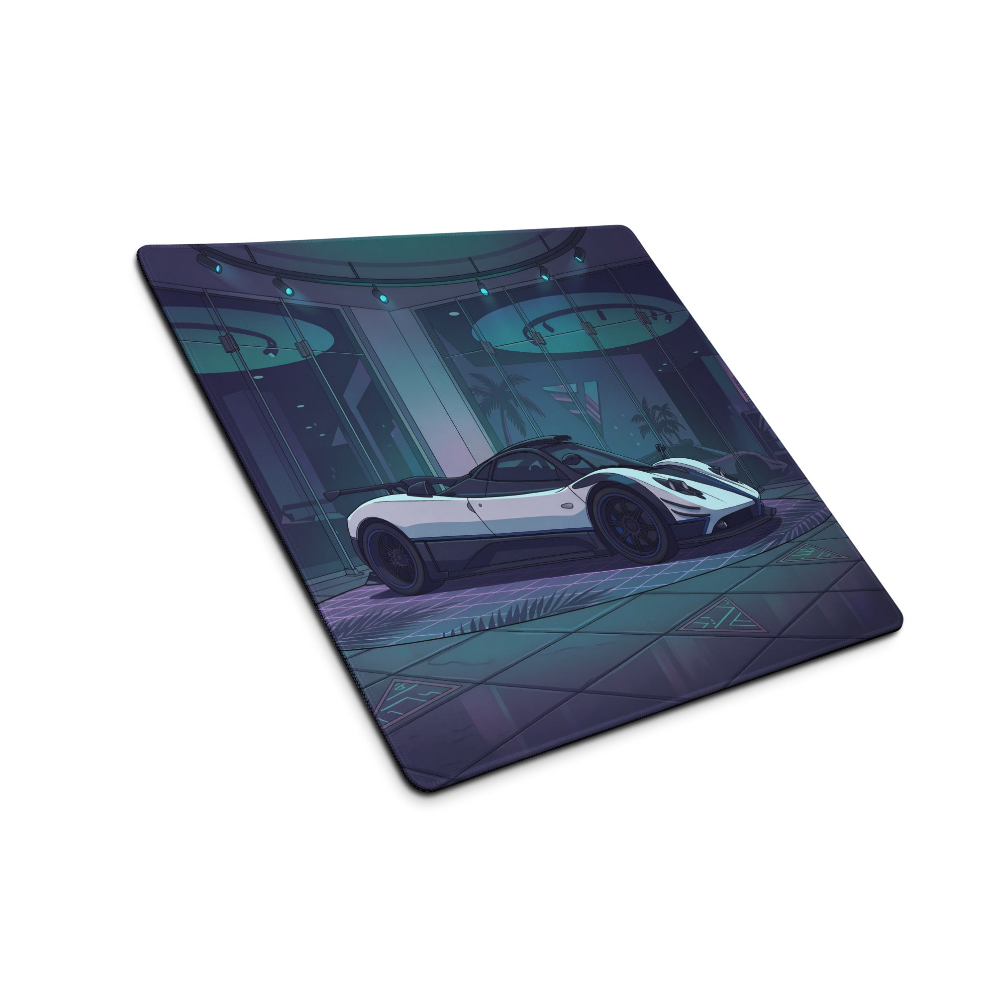 Pagani Zonda Cinque Inspired White Blue Vaporwave Gaming Mouse Pad – Neon Luxury Showroom Desk Mat, Futuristic Hypercar Digital Art