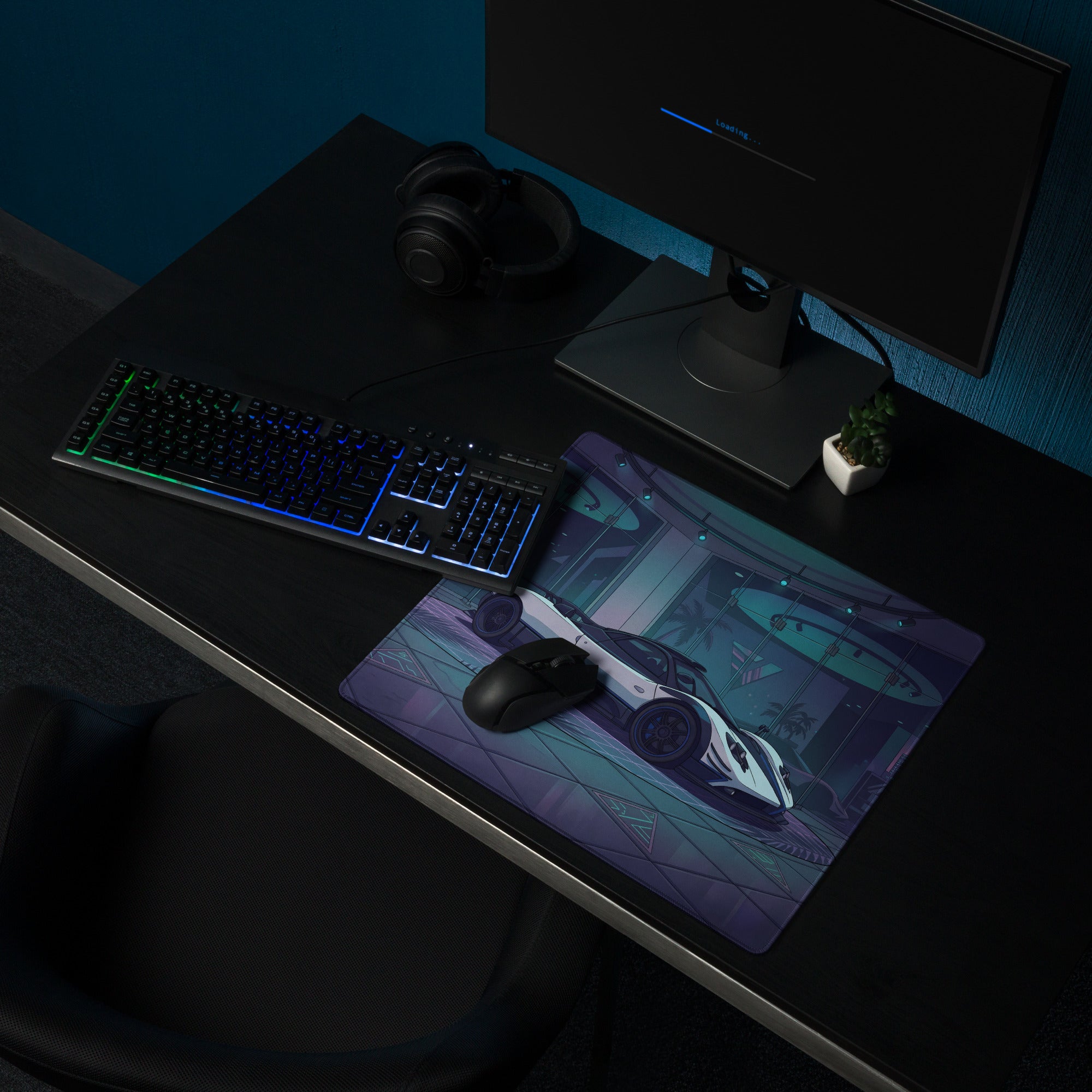 Pagani Zonda Cinque Inspired White Blue Vaporwave Gaming Mouse Pad – Neon Luxury Showroom Desk Mat, Futuristic Hypercar Digital Art