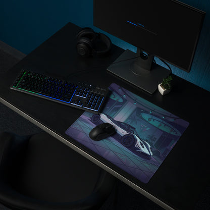 Pagani Zonda Cinque Inspired White Blue Vaporwave Gaming Mouse Pad – Neon Luxury Showroom Desk Mat, Futuristic Hypercar Digital Art