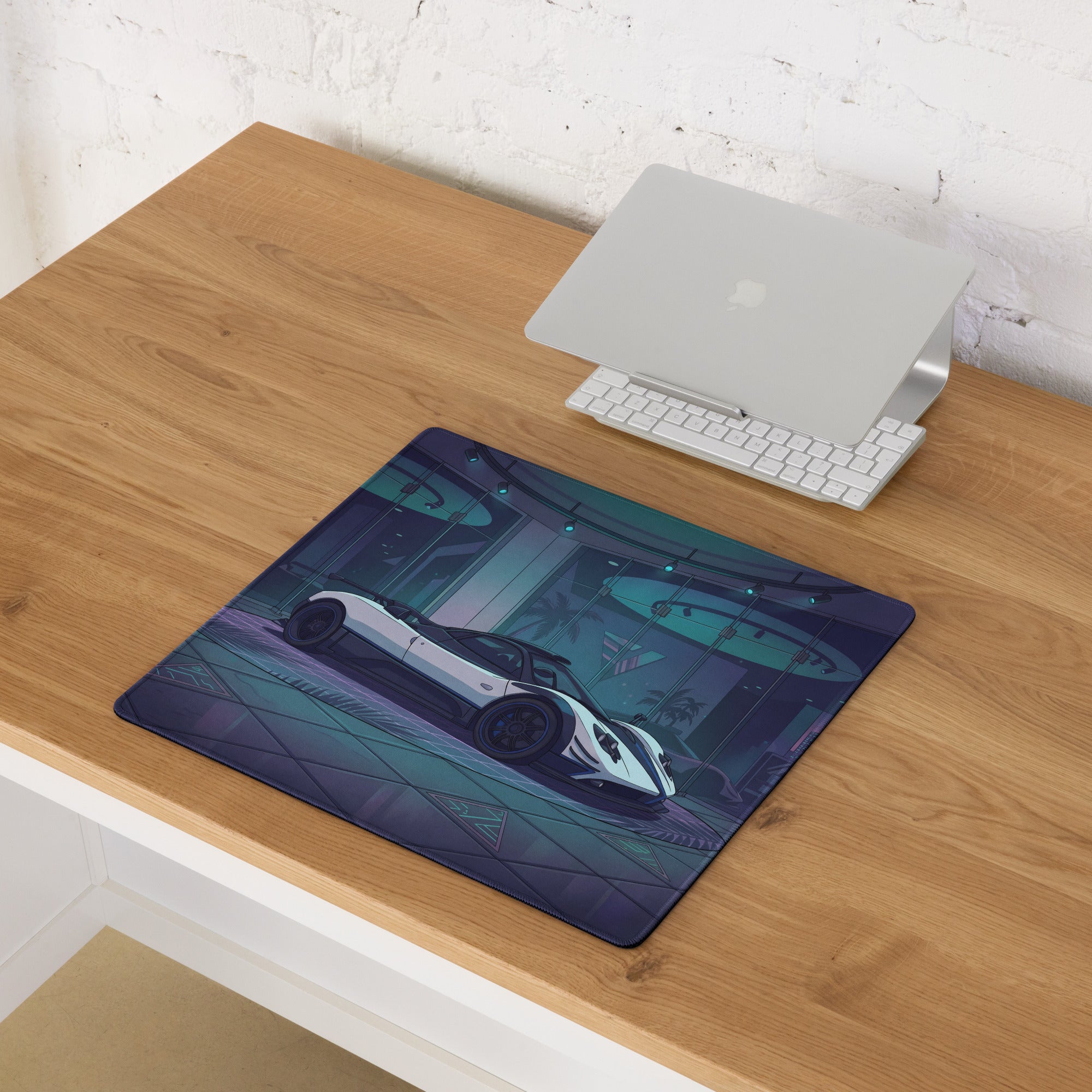 Pagani Zonda Cinque Inspired White Blue Vaporwave Gaming Mouse Pad – Neon Luxury Showroom Desk Mat, Futuristic Hypercar Digital Art