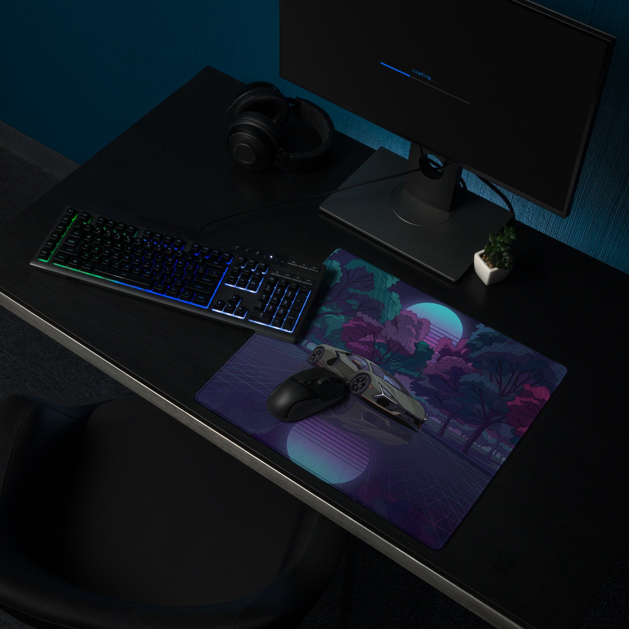 Lamborghini Revuelto Inspired Gray Purple Vaporwave Gaming Mouse Pad – Neon Forest Grid Desk Mat, Retro Futuristic Supercar Digital Art