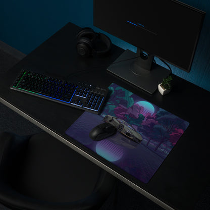 Lamborghini Revuelto Inspired Gray Purple Vaporwave Gaming Mouse Pad – Neon Forest Grid Desk Mat, Retro Futuristic Supercar Digital Art