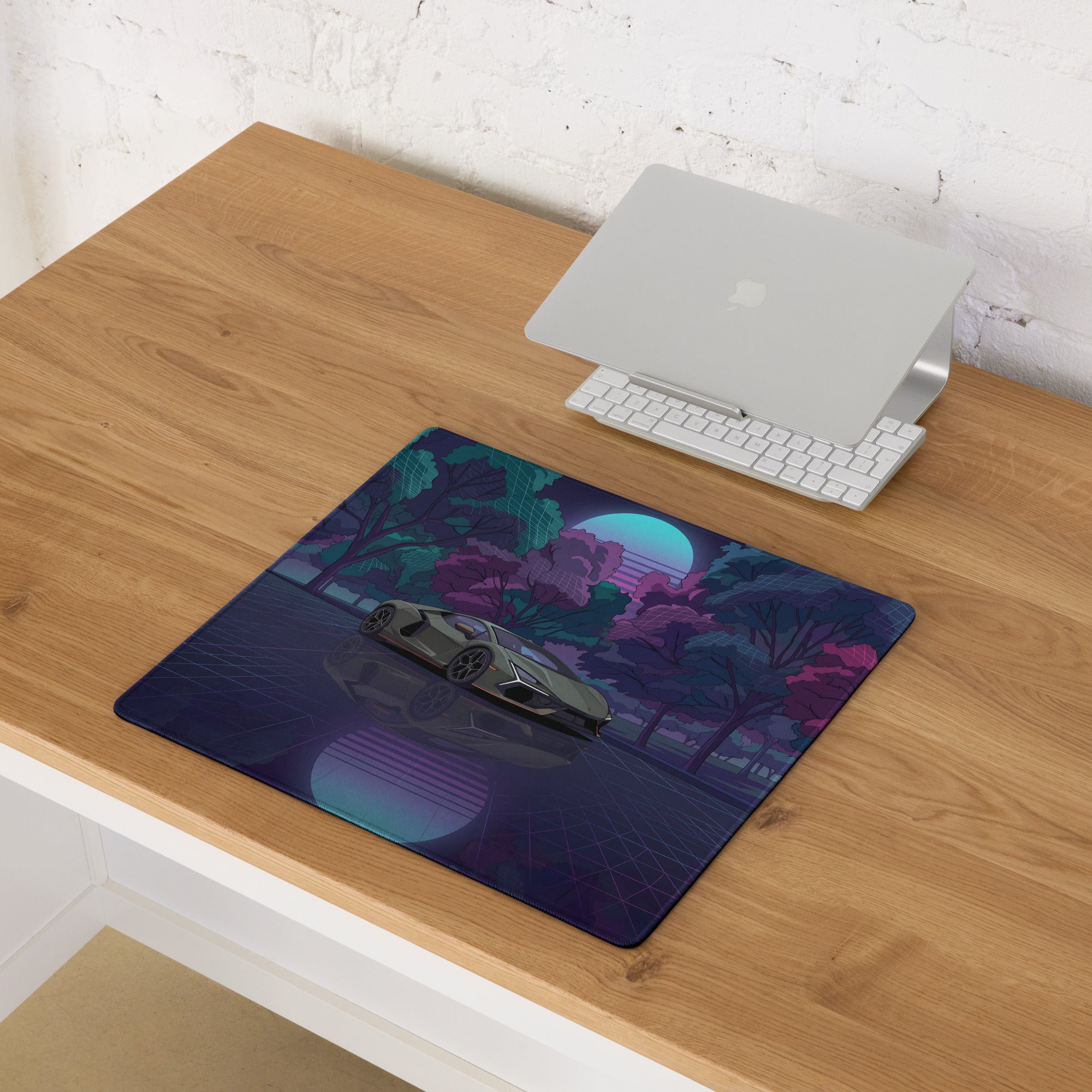Lamborghini Revuelto Inspired Gray Purple Vaporwave Gaming Mouse Pad – Neon Forest Grid Desk Mat, Retro Futuristic Supercar Digital Art