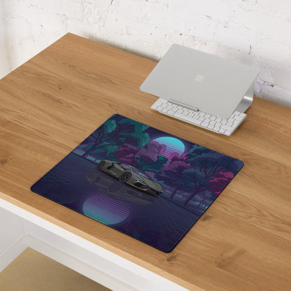Lamborghini Revuelto Inspired Gray Purple Vaporwave Gaming Mouse Pad – Neon Forest Grid Desk Mat, Retro Futuristic Supercar Digital Art