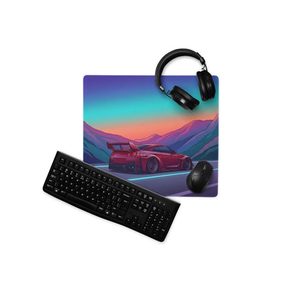 Nissan GT-R R35 Inspired Red Purple Vaporwave Gaming Mouse Pad – Neon Mountain Highway Desk Mat, Retro Futuristic JDM Supercar Digital Art