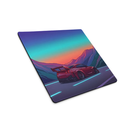 Nissan GT-R R35 Inspired Red Purple Vaporwave Gaming Mouse Pad – Neon Mountain Highway Desk Mat, Retro Futuristic JDM Supercar Digital Art