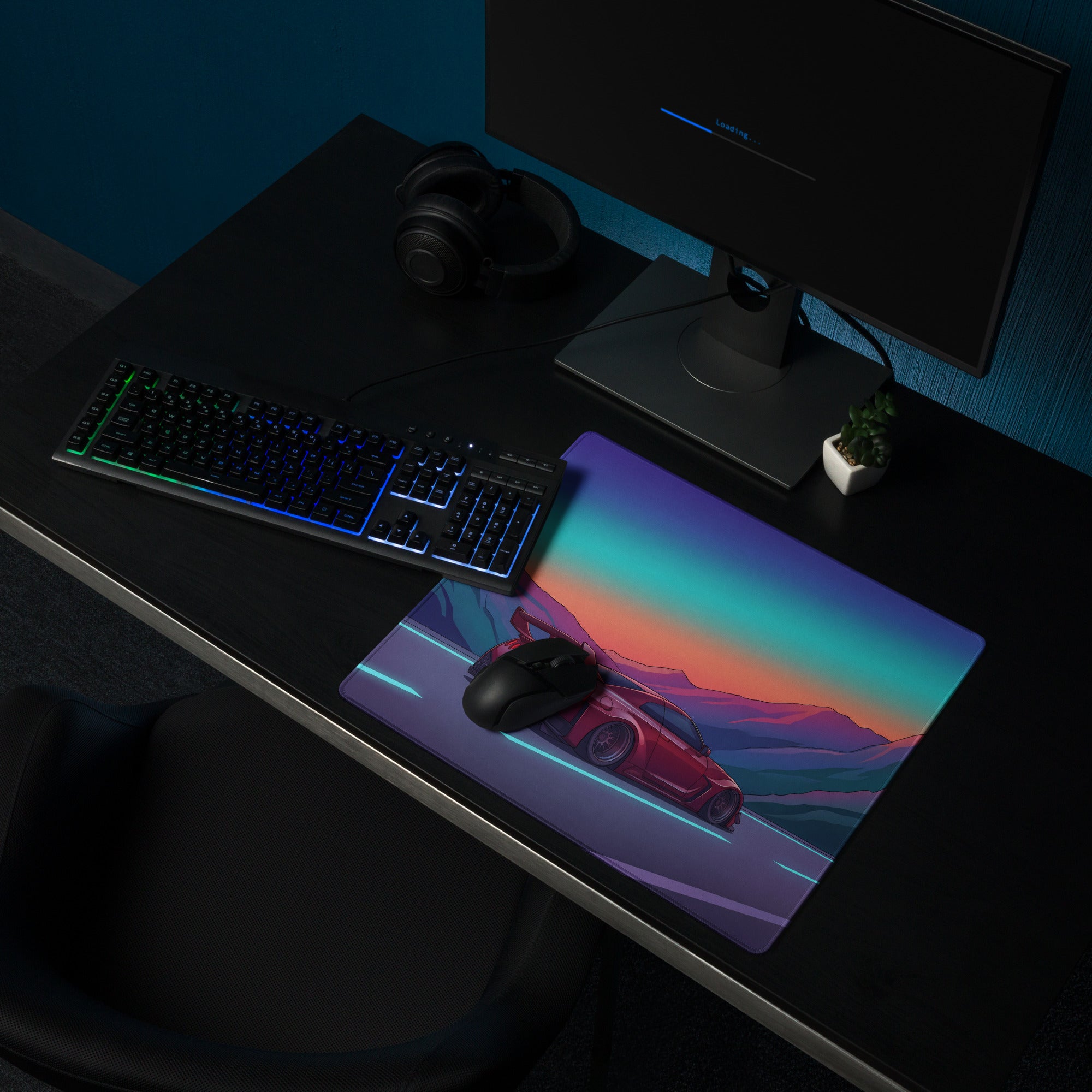 Nissan GT-R R35 Inspired Red Purple Vaporwave Gaming Mouse Pad – Neon Mountain Highway Desk Mat, Retro Futuristic JDM Supercar Digital Art