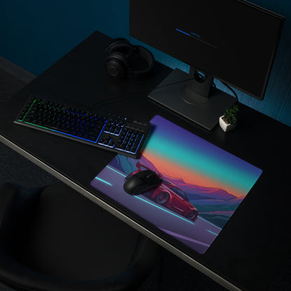 Nissan GT-R R35 Inspired Red Purple Vaporwave Gaming Mouse Pad – Neon Mountain Highway Desk Mat, Retro Futuristic JDM Supercar Digital Art