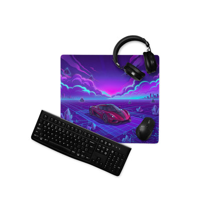 Koenigsegg Regera Inspired Red Purple Vaporwave Gaming Mouse Pad – Neon Cyber Grid Desk Mat, Futuristic Cityscape Supercar Digital Art