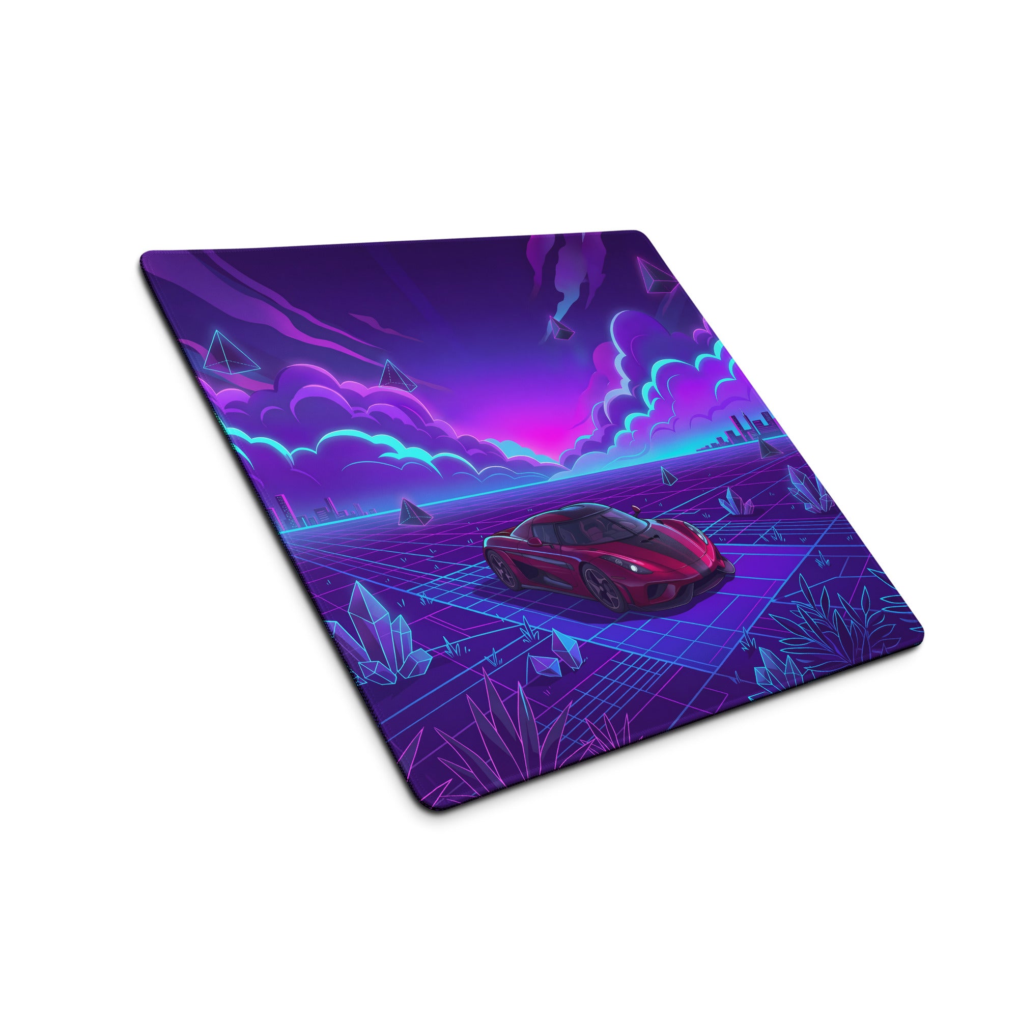 Koenigsegg Regera Inspired Red Purple Vaporwave Gaming Mouse Pad – Neon Cyber Grid Desk Mat, Futuristic Cityscape Supercar Digital Art