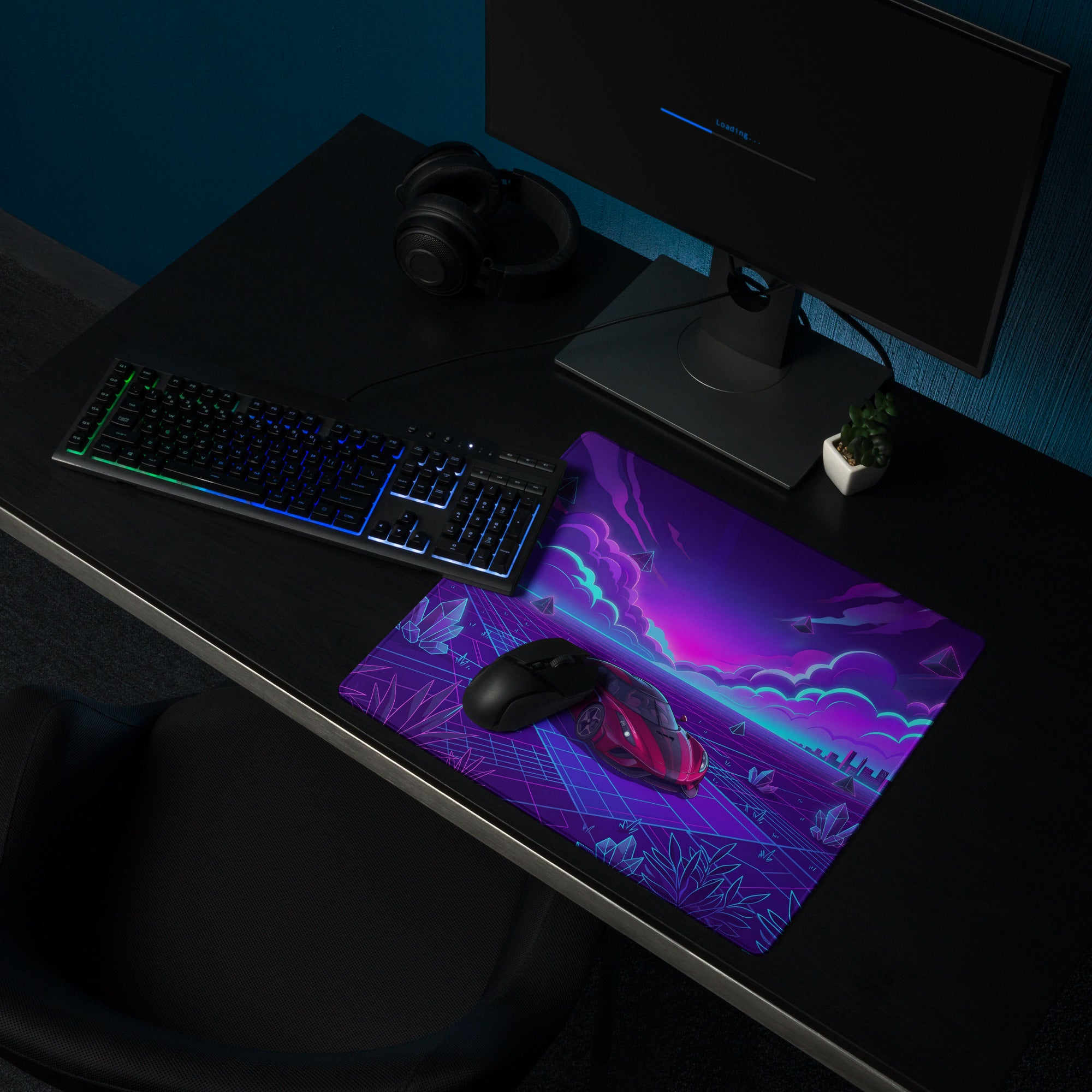 Koenigsegg Regera Inspired Red Purple Vaporwave Gaming Mouse Pad – Neon Cyber Grid Desk Mat, Futuristic Cityscape Supercar Digital Art