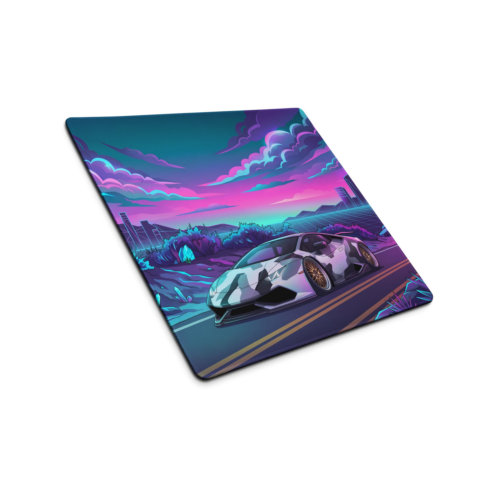 Lamborghini Huracán Inspired White Purple Vaporwave Gaming Mouse Pad – Neon Crystal Highway Desk Mat, Retro Futuristic Supercar Digital Art