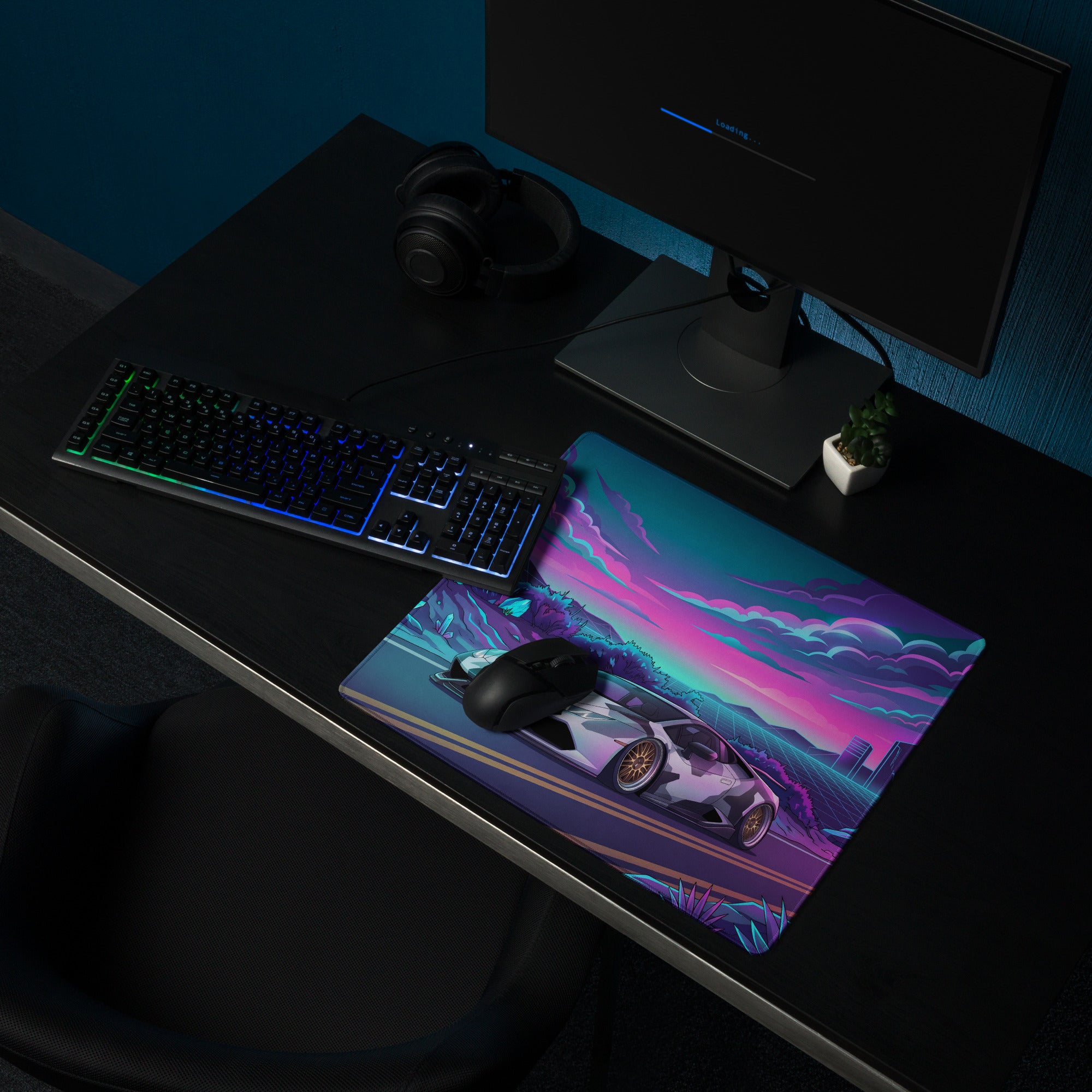 Lamborghini Huracán Inspired White Purple Vaporwave Gaming Mouse Pad – Neon Crystal Highway Desk Mat, Retro Futuristic Supercar Digital Art